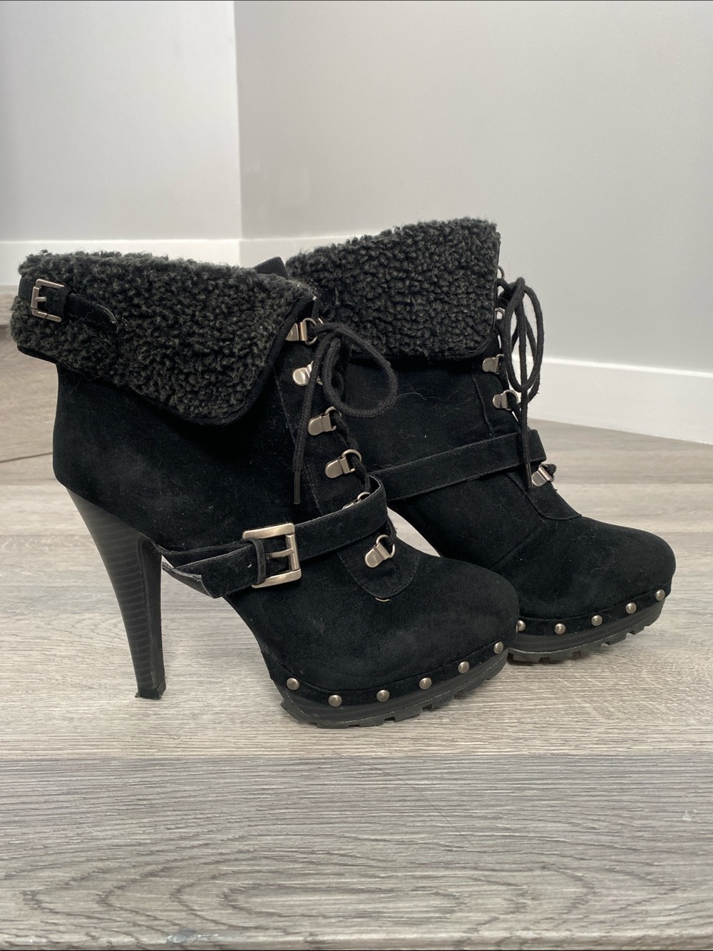 Black Faux-Shearling Lace-Up High Heel Ankle Boots
